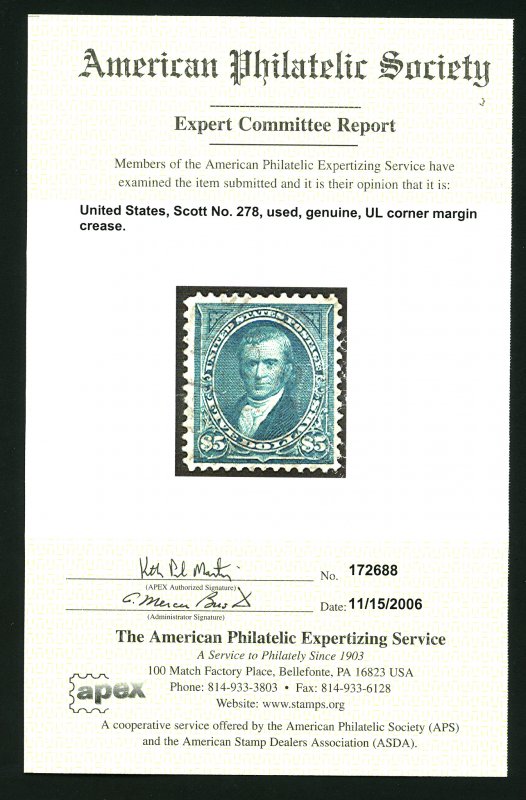 U.S. #278 Used with APS Cert