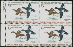 US #RW36 $3.00 White-Winged Scoters, Plate No. Block of 4 w/o top margin, og, NH