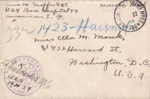 1918, AEF, APO 708, Base Hospital #54 (Nurse's Mail) to Washington, DC (M5258)