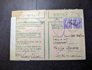 1944 England Active Service Cover Jewish Refugee Hans Bretisch to Tasija Bolivia