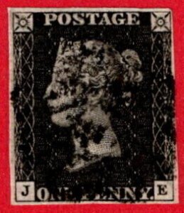 GBR SC #1 U (J,E) 1840 Queen Victoria 4 margins w/black cancel CV $375.00