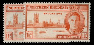 NORTHERN RHODESIA GVI SG46 + 46a, 1½d VICTORY PERF VARIETIES, M MINT. Cat £11.