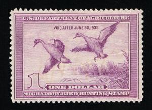 GENUINE SCOTT #RW5 VF USED 1938 LIGHT VIOLET FEDERAL DUCK STAMP - DRAKE & HEN