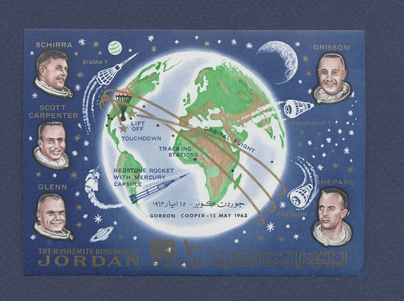 JORDAN - Scott 436 - MNH S/S - mercury astronauts, globe,  map --b