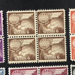 U.S.-CANAL ZONE # C21a-C26a-MNH-AIR-MAIL-WET PRINT-COMPLETE SET/BLOCKS OF 4-1951