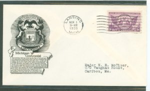 US 775 1935 3c Michigan Centennial of Statehood single on an addressed, typed FDC with an Anderson Cachet