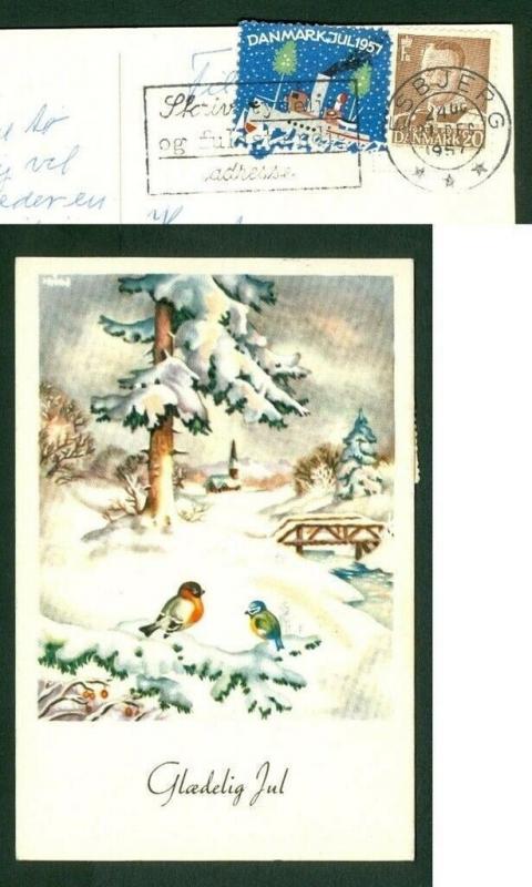 Denmark. Christmas Card Birds. 1957 With Seal Ship. Cancel  Esbjerg. Birds