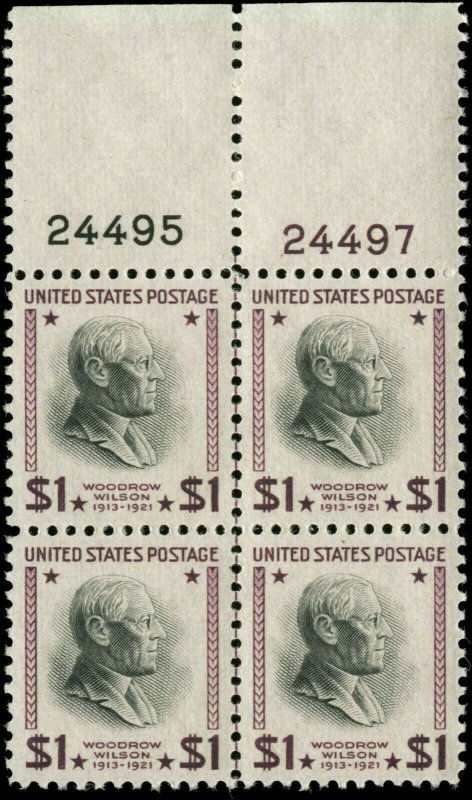 US Scott #832 Plate Block of 4 with Two Numbers Mint Never Hinged  Prexy $1