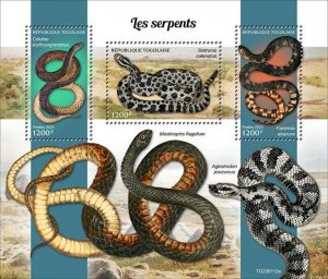 Togo - 2023 Snakes, Eastern Massasauga, Mud Snake - 3 Stamp Sheet - TG230112a