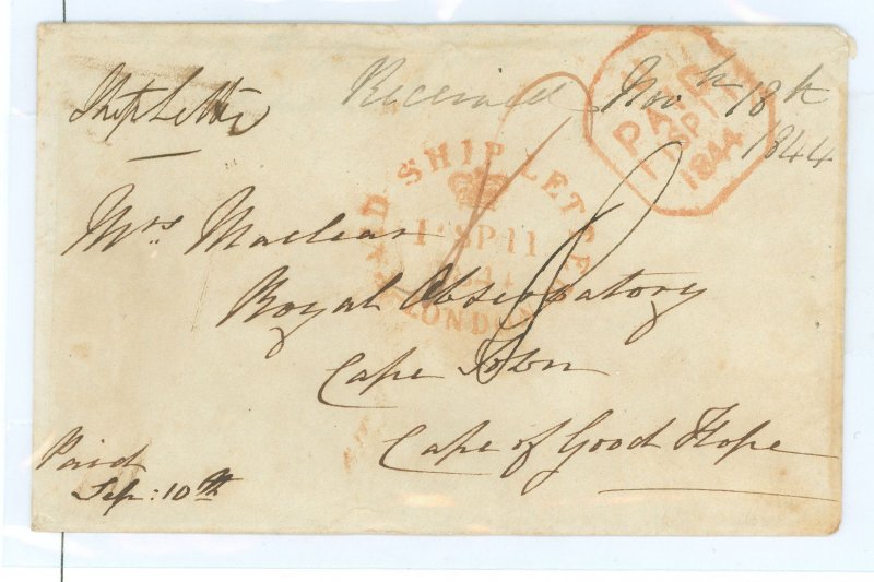 Great Britain  London to Cape of Good Hope 11 Sep 1844. Front Markings Paid-Ship letter-London in red with SP 11 1844 in cente