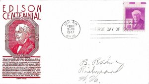 1947 FDC, #945, 3c Thomas A. Edison, Anderson