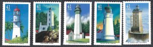 United States #4146-50 41¢ Pacific Lighthouses (2007). Five singles. MNH