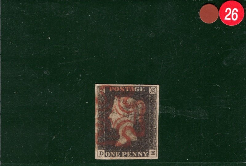 GB PENNY BLACK 1840 QV Stamp SG.2 1d Plate 3 (DE) Used Red MX Cat £500- BRRED26 