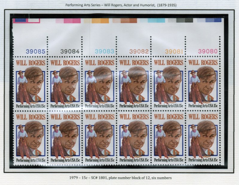 SC# 1801 - (15c) - Will Rogers, MNH - Plate Block/12 - UL with 6 plate #s