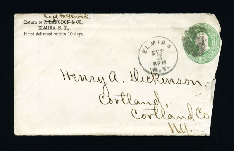# U163 entire J. Langdon, Elmira, NY to Cortland, NY with letter 9-3-1879