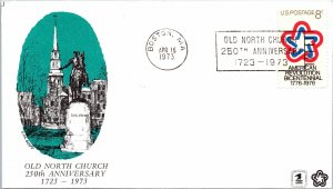 250th ANNIVERSARY OLD NORTH CHURCH BOSTON CACHET BY C. M. GOFF EVENT COVER 1973