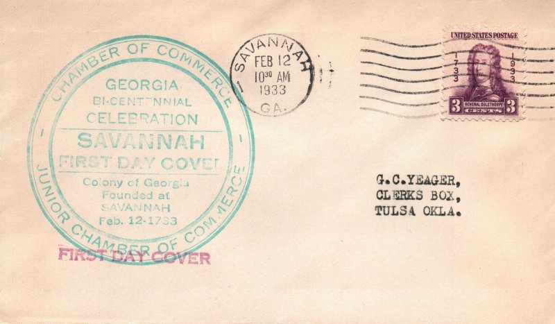 COLONY OF GEORGIA FOUNDED AT SAVANNAH 1733 CACHET BY CHAMBER OF COMMERCE 1933