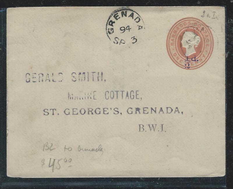 BARBADOS (P2912B) 1894 QV PSE 1/2D/1D INTERISLAND TO GRENADA