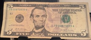 2017 a $5.00 Dollar Bill PB 00879939 A Low Serial Number #206042655958