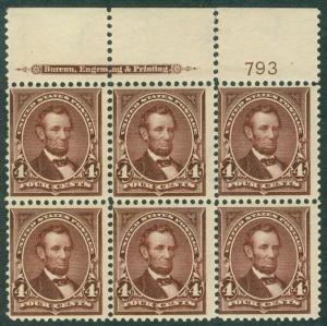 USA : 1898. Scott #280 Mint. P/B of 6. PO Fresh w/ perfect NH gum. Cat $1,175.00