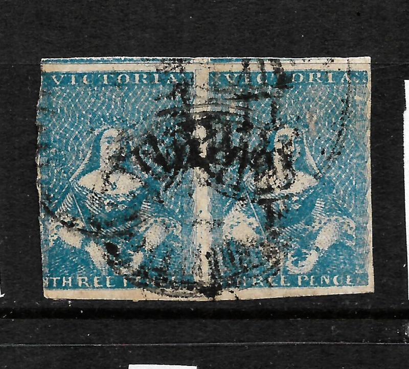 VICTORIA  1850-53  3d   BLUE QV IMPERF PAIR  FU SG 4a