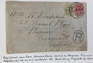 1901 Johannesburg South Africa Boer War Registered Cover To Cornwall England