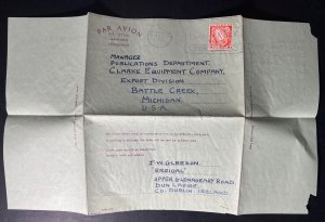 1955 Dun Laoghaire Ireland Air Letter Cover To  Battle Creek MI USA