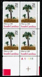 1988 South Carolina Constitution Plate Block Of 4 25c Stamps, Sc# 2343, MNH, OG