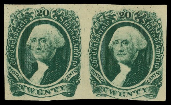Confederacy #13 Mint hrs fine to very fine  pair Cat$100 1863, 20¢ green