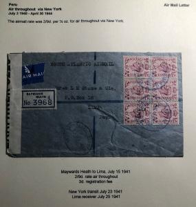 1941 Haywards England Airmail Censored Cover To Lima Peru Via New York