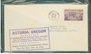 US 783 1936 3c Oregon Territory Issue FDC, neatly addressed, toning/adherence on back