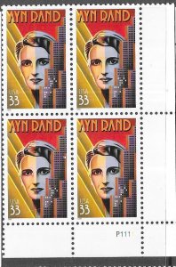 US#3308 $0.33 Ayn Rand Plate block of 4 (MNH) CV $2.60