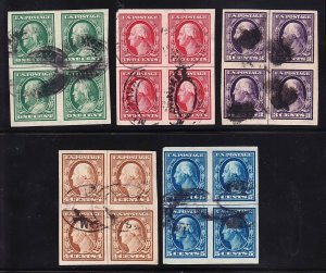 US 343-347 1c-5c Washington Franklin Used Blocks of 4 w/Guidelines SCV $500