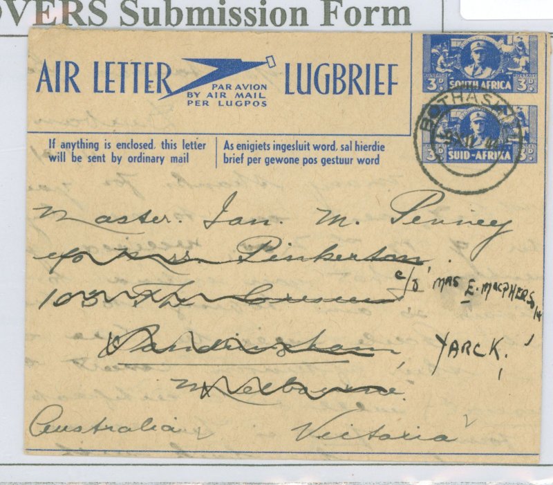 South Africa  3c + 3c Aerogramme Comm'l use. 1944