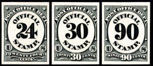 US Official Stamp Plate Proofs O54 O55 O56 on Card Stock HINGED 24¢ 30¢ 90¢