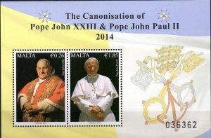 Malta 2014 MNH Stamps Souvenir Sheet Scott 1511 Pope John Paul II John XXIII Can