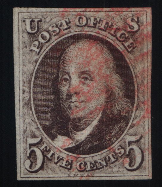 Scott #1 VF - 5c Red Brown - Franklin - Used - 1847