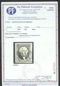 U.S. #2 Used w/ Cert - 1847 10c Black
