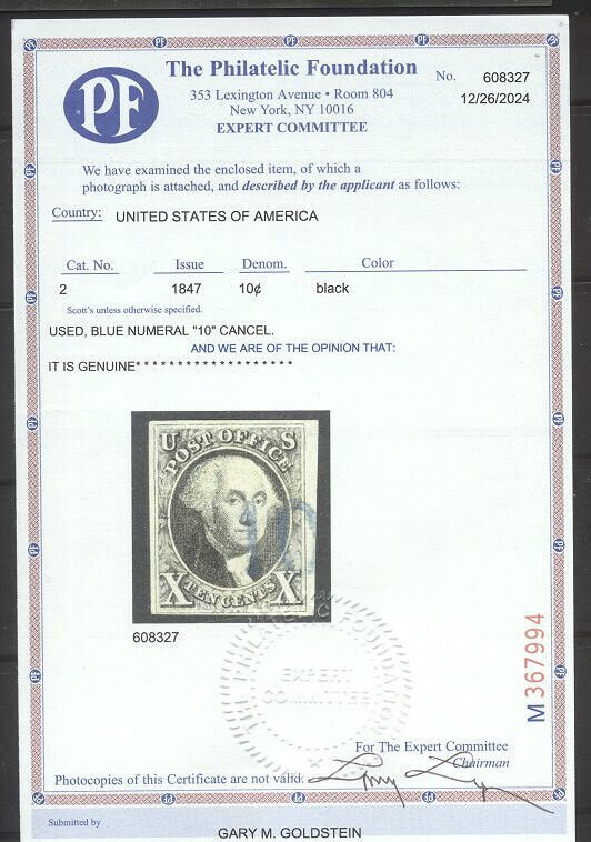U.S. #2 Used w/ Cert - 1847 10c Black