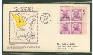 US 837 1938 3c Northwest Territory (ordinance of 1787) plateblock of four on an addressed first day cover with a William Grandy