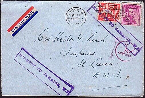 MISSENT TO JAMAICA 1961 taxed cover New York to St Lucia...................31727