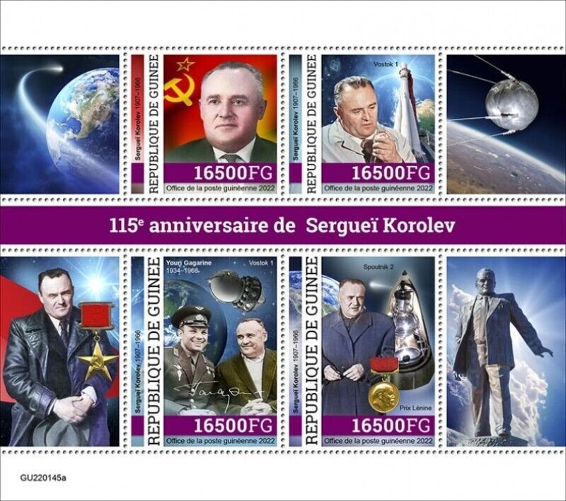 Guinea - 2022 Sergei Korolev Anniversary - 4 Stamp Sheet - GU220145a