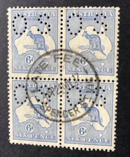 ***KANGAROO BLOCK of 4***6d BLUE ROO 2nd/WMK VERY FINE USED ****AUSTRALIA**