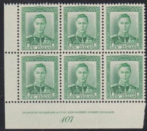 NEW ZEALAND GVI 1d green plate block plate #107 MNH........................A6763