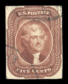 United States, 1851-57 #12 Cat$775, 1851 5c red brown, used