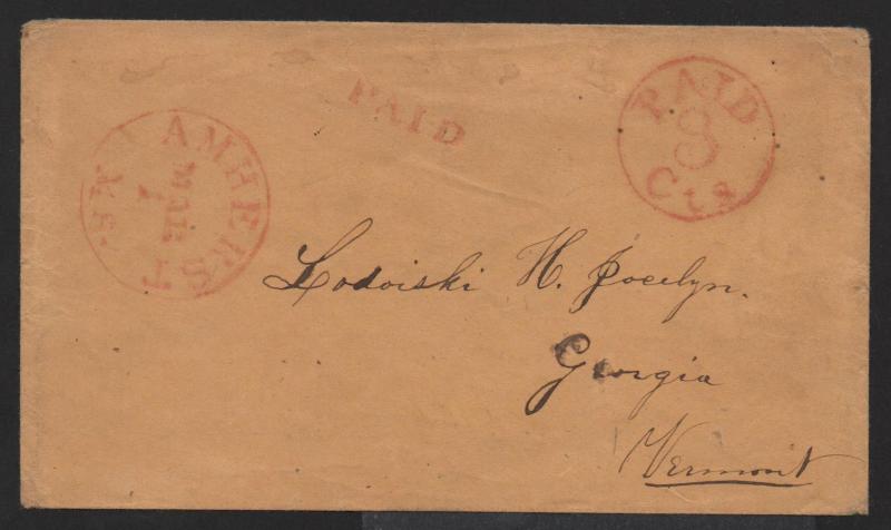 STAMPLESS US COVER VF Red Amherst MA CDS & PAID 3cts in Circle March 1