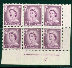 New Zealand 1955 QEII Redrawn 5d Mauve Plate 1 Block 6 MH/MUH Lot25593