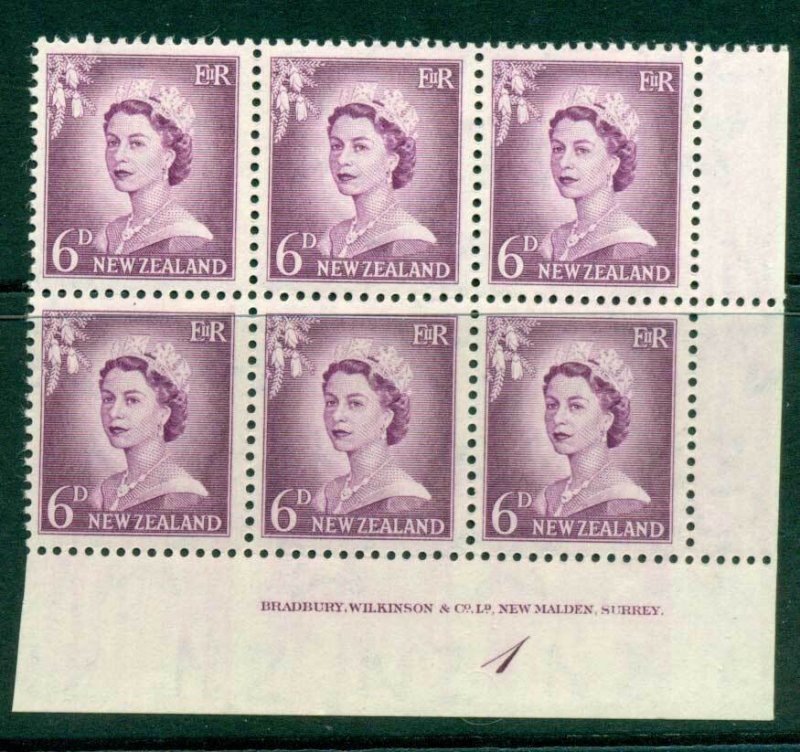 New Zealand 1955 QEII Redrawn 5d Mauve Plate 1 Block 6 MH/MUH Lot25593