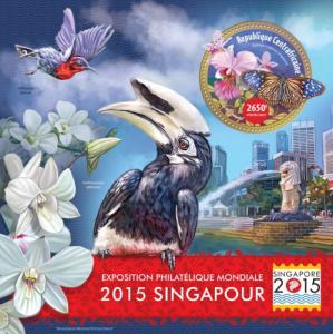 CENTRAFRICAINE 2015 SHEET PHILATELIC EXHIBITION SINGAPORE BIRDS BUTTERFLIES