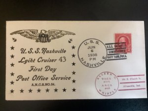 6/6/1938 cover USS Nashville Cachet error Lgiht Cruiser 43 1st Day Post Office